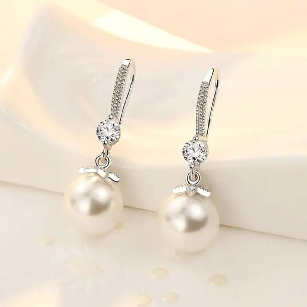 Fine 925 Sterling Silver Luxury Crystal Zircon Pearl Earrings - Picture 4 of 5